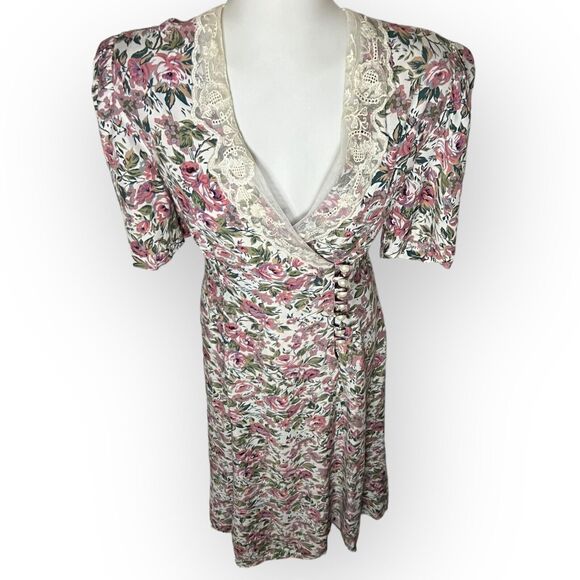 Jonathan Martin Vintage 80s Pastel Floral Lace Collar Cottagecore A-Line Dress - Picture 5 of 16
